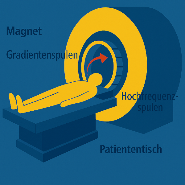 Diagramm einer Person in einem MRT-Scanner, umgeben von Spulen, Farbtöne: Blau und Gelb.