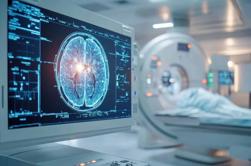 Gehirnscan auf einem Monitor in einem modernen medizinischen Bildgebungsraum während einer Patientenuntersuchung